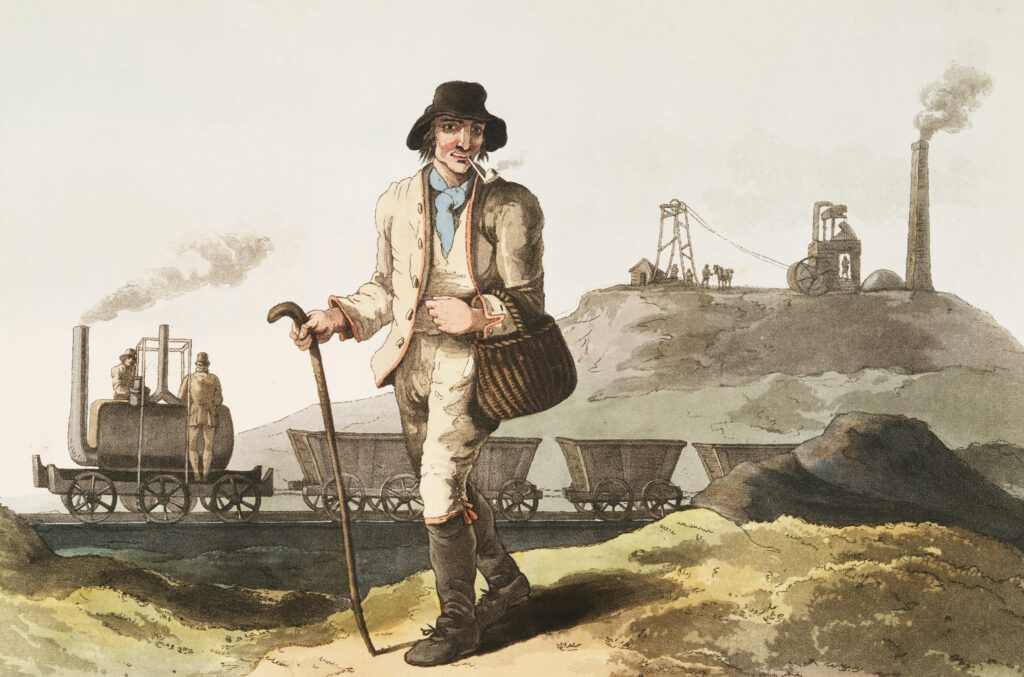 In 1758 wagons were horse-drawn. “The collier,” by George Walker, engraved by the Havells, shows Matthew Murray’s steam locomotive Salamanca on the railway in 1814
