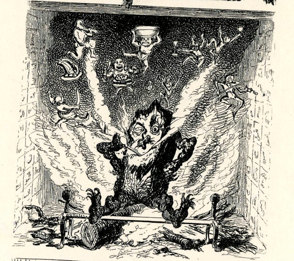 Detail from George Cruikshank’s frontispiece to Chamerozow’s The Yule Log for Everybody’s Christmas Hearth – possibly also not to Mrs Dean’s taste
