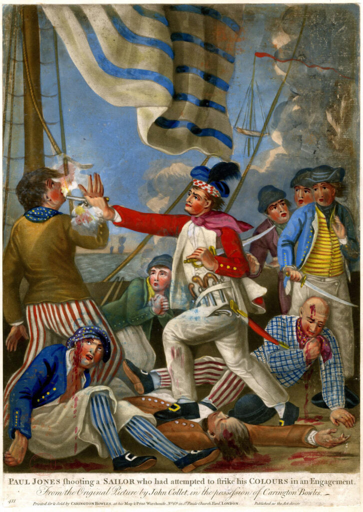 Scottish-born American naval officer and privateer John Paul Jones shooting a sailor (Lieut. Grubb in some accounts) for attempting to lower a curious American flag during an engagement with the Royal Navy off Flamborough Head
