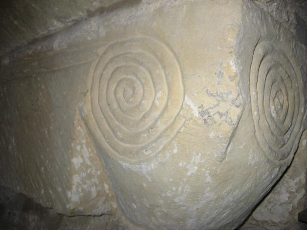 Ammonite carvings on St. Hilda Church, Ellerburn, 20 miles SSW of Whitby.