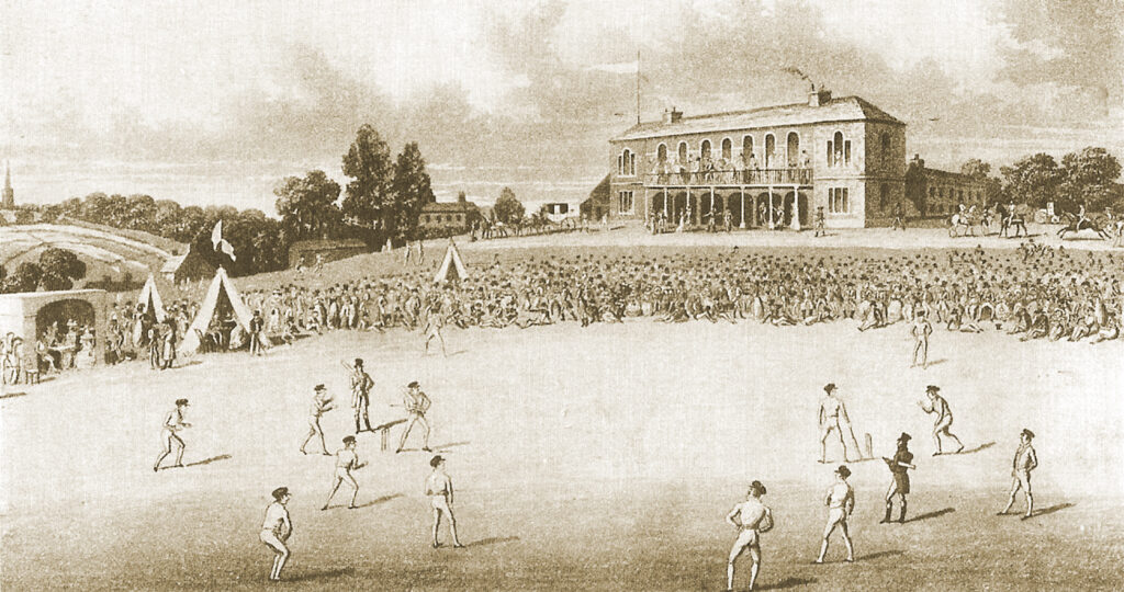 Contemporary engraving showing the cricket ground at Darnall, Sheffield, which was created for the Wednesday Cricket Club in 1821, enlarged in 1824, and replaced in 1826
