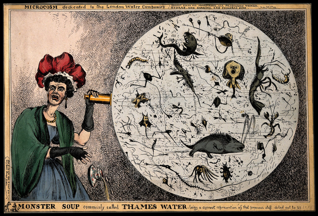 A woman drops her tea-cup in horror upon discovering the monstrous contents of a magnified drop of Thames water
