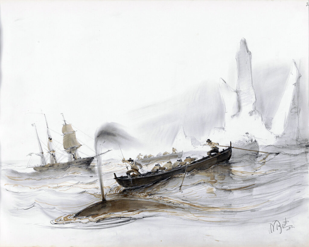 Sketch of whalers by an ice floe by the Dutch marine realist Albertus van Beest, who lived in the whaling port of New Bedford, Massachusetts, in the 1850s
