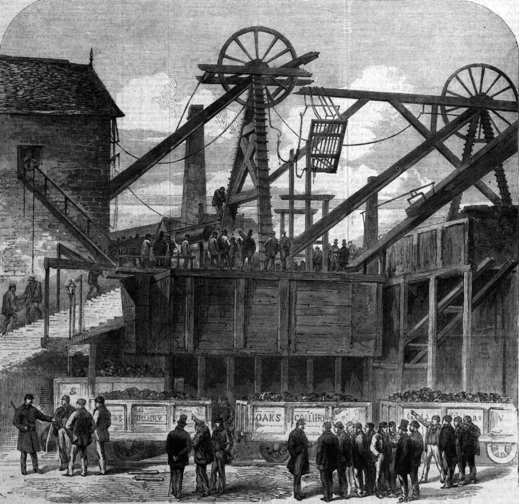 Cage thrown up into the headgear at the pit mouth by the second explosion at the Oaks Colliery, Barnsley
