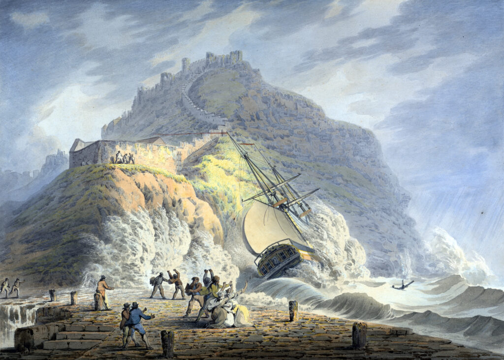 Francis Nicholson’s watercolour of a shipwreck (which?) at the foot of Scarborough Castle cliff –  further north, and more accessible to disaster tourists
